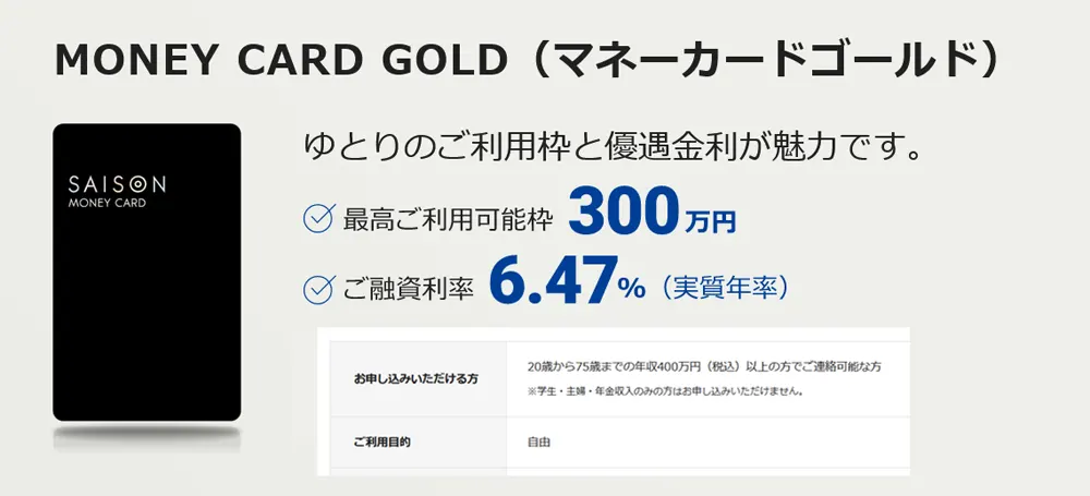 セゾンカード　MONEY CARD GOLD（マネーカードゴールド）の借入限度額と金利・申込条件