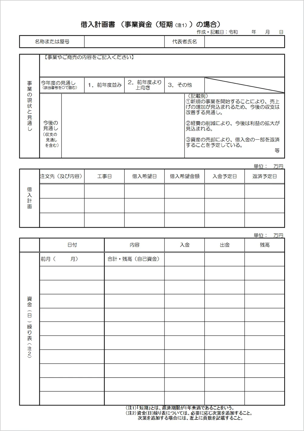 ビジネスローンや事業資金調達の融資申し込みに必要な借入計画書。1年以内に返済する短期貸付の場合。