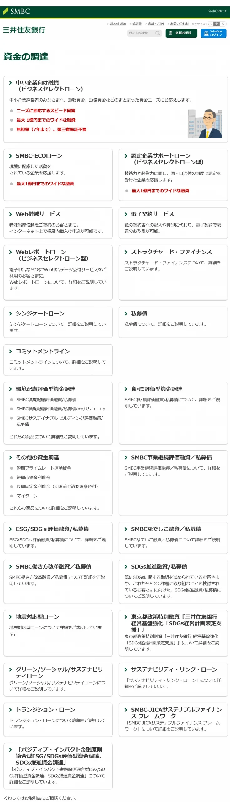 三井住友銀行による新しいビジネスローンサービスの種類一覧
