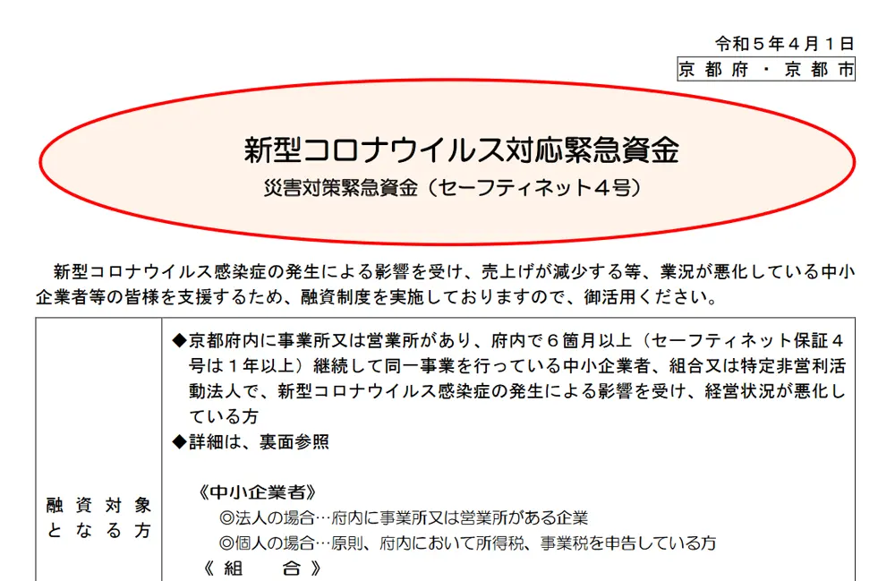 新型コロナウイルス対応緊急資金｜京都府