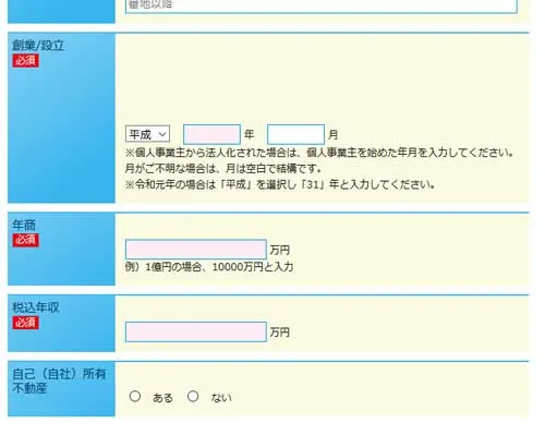 web完結でのアイフルビジネスファイナンス（現AGビジネスサポート）の審査申し込み画面その5創業・設立の年月・年商・税込み年収